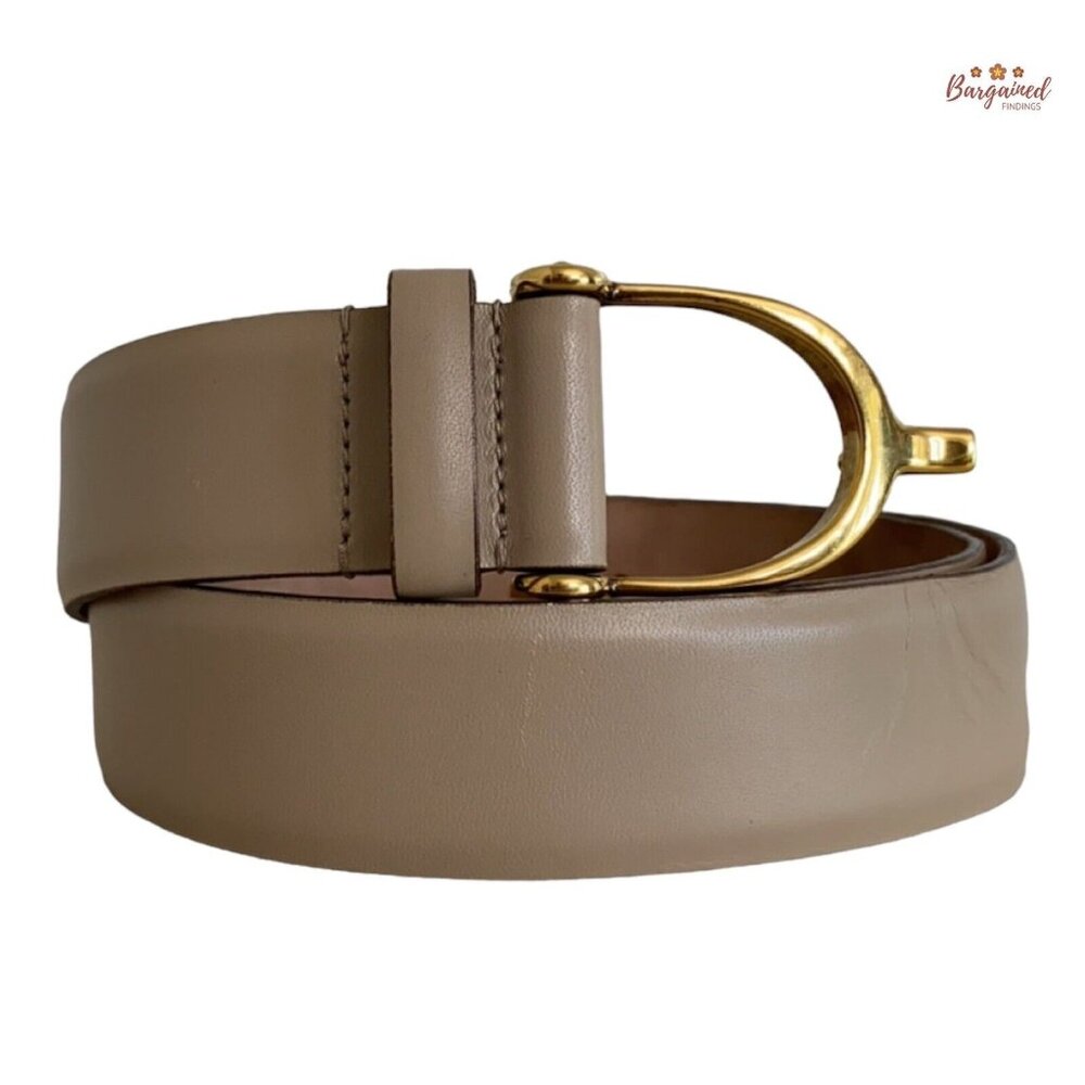 Authentic Gucci Beige Calfskin Leather Gold Horsebit Buckle Belt Size 80/32